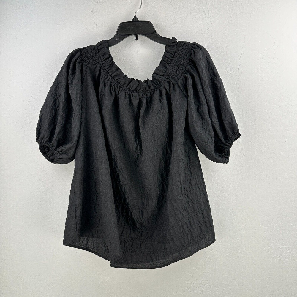 River Island‎ Top Womens 12 Black Off Shoulder Ruffled Neck Short Sleeve NWT